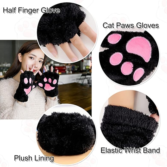 2 Pack Fingerless Warm Gloves for Women,Plush Cat Mitten Gloves,Winter - Picture 5 of 5